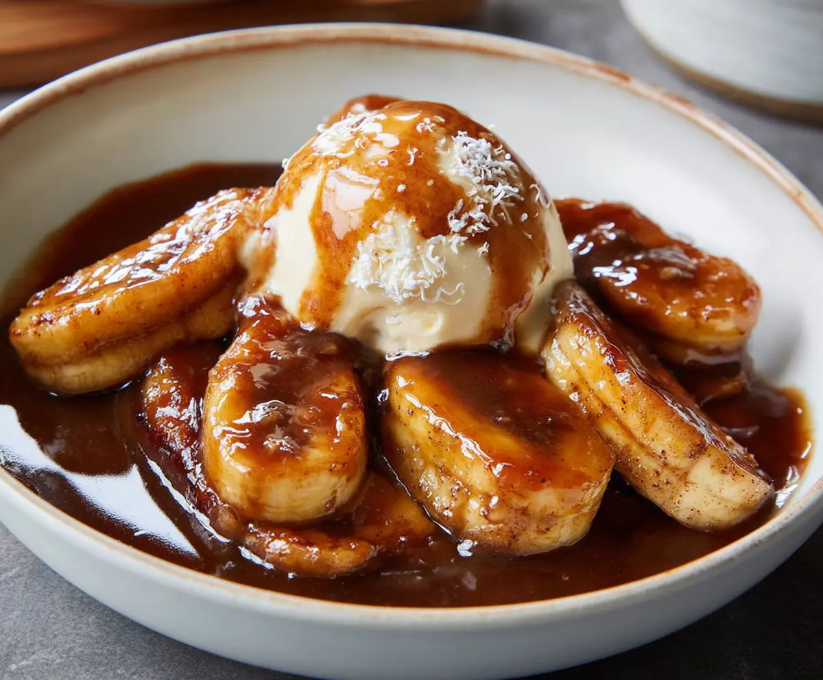 Delicious dairy-free Bananas Foster dessert served with caramelized bananas and dairy-free sauce.