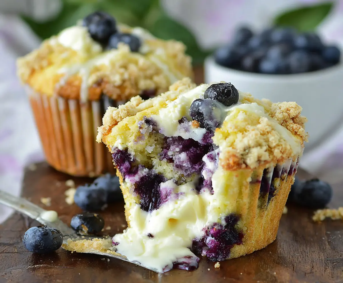Close-up of moist blueberry muffins topped with cream cheese and fresh blueberries, highlighting their delicious texture.