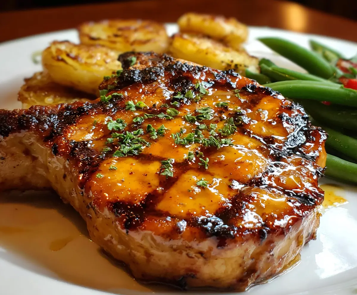 Juicy grilled pork chops glazed with brown sugar served on a grilling platter.