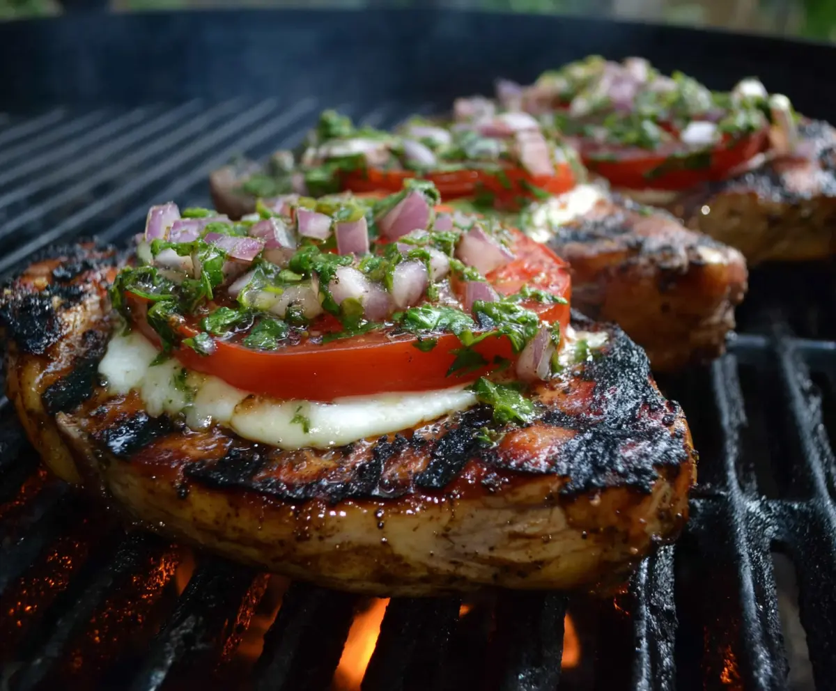 Juicy grilled Italian pork chops served with herbs and vegetables on a sizzling platter