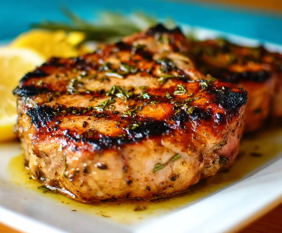 Juicy grilled lemon herb pork chops on a plate with fresh herbs and lemon slices