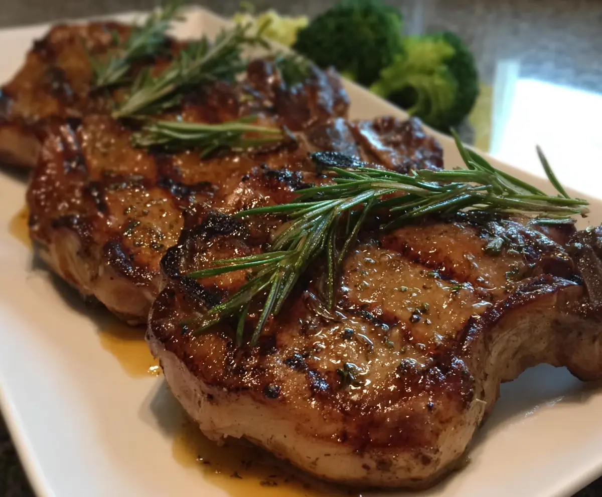 Juicy grilled rosemary pork chops served with fresh herbs on a rustic plate.