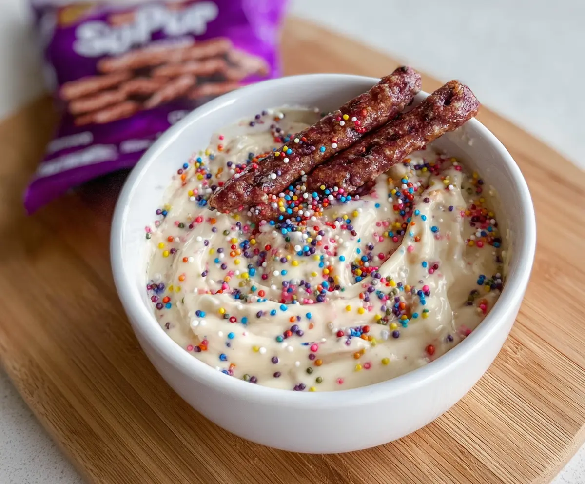 Delicious high protein cake batter dip served with fresh fruit for a healthy snack.