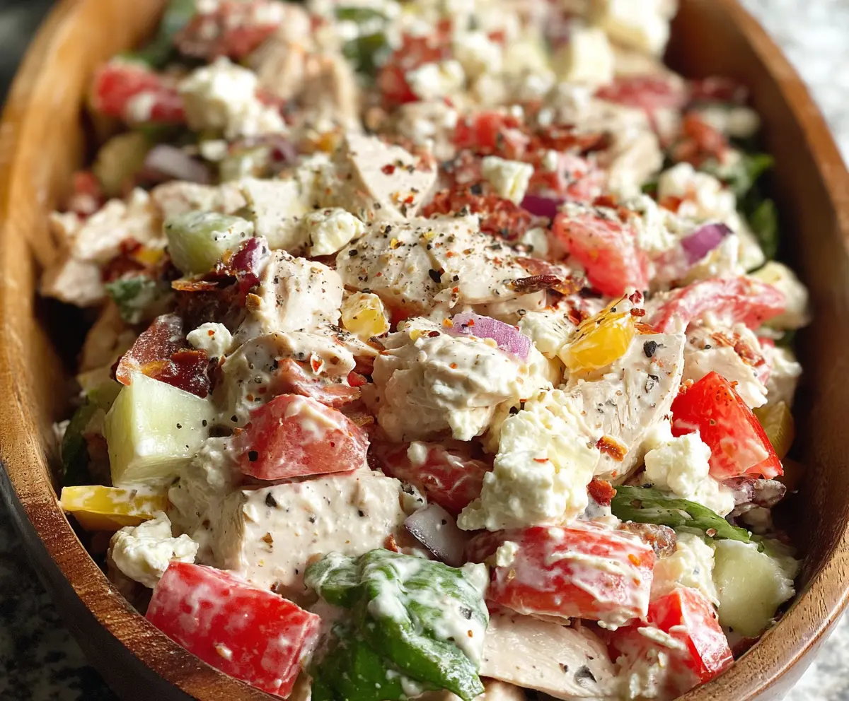 Delicious Italian Grinder Chicken Salad with fresh vegetables and herbs served on a plate.