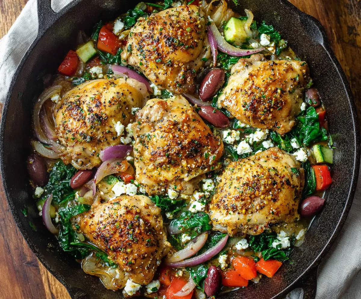 Delicious skillet-high protein Greek chicken recipe with fresh herbs and vegetables.