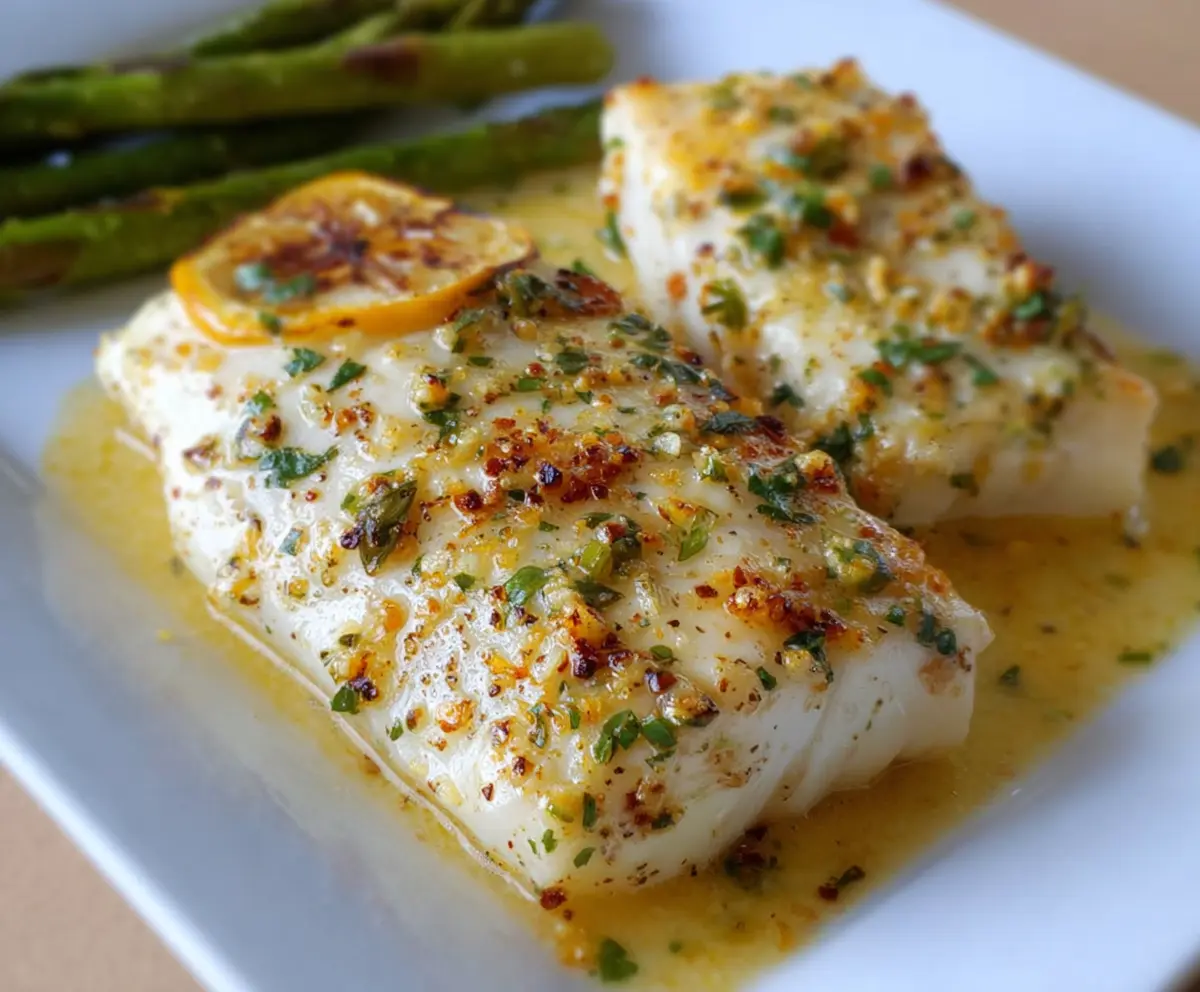 Delicious grilled halibut topped with orange and Dijon mustard sauce on a plate.