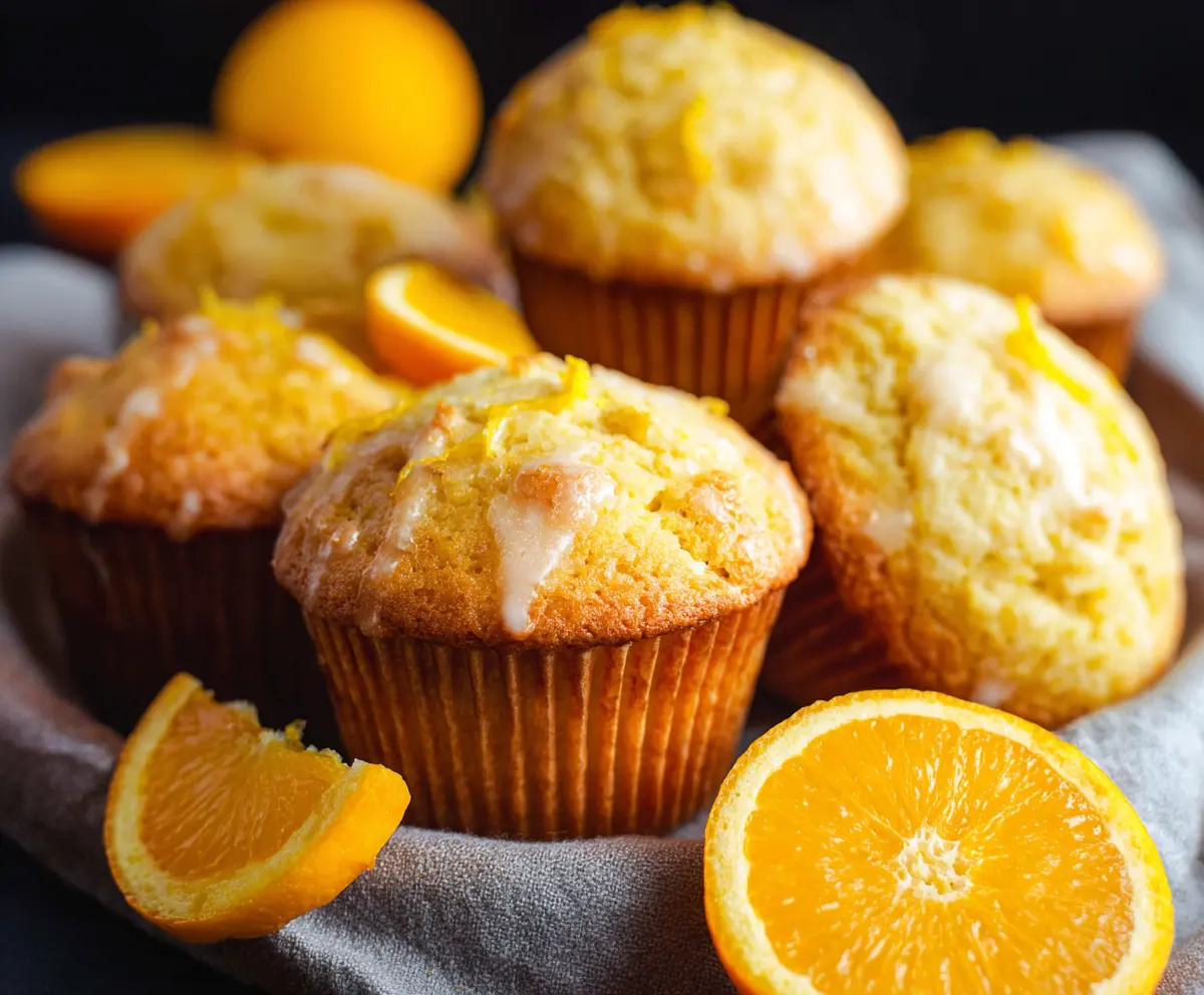 Freshly baked orange muffins with a golden crust on a white plate, perfect for breakfast or snack.