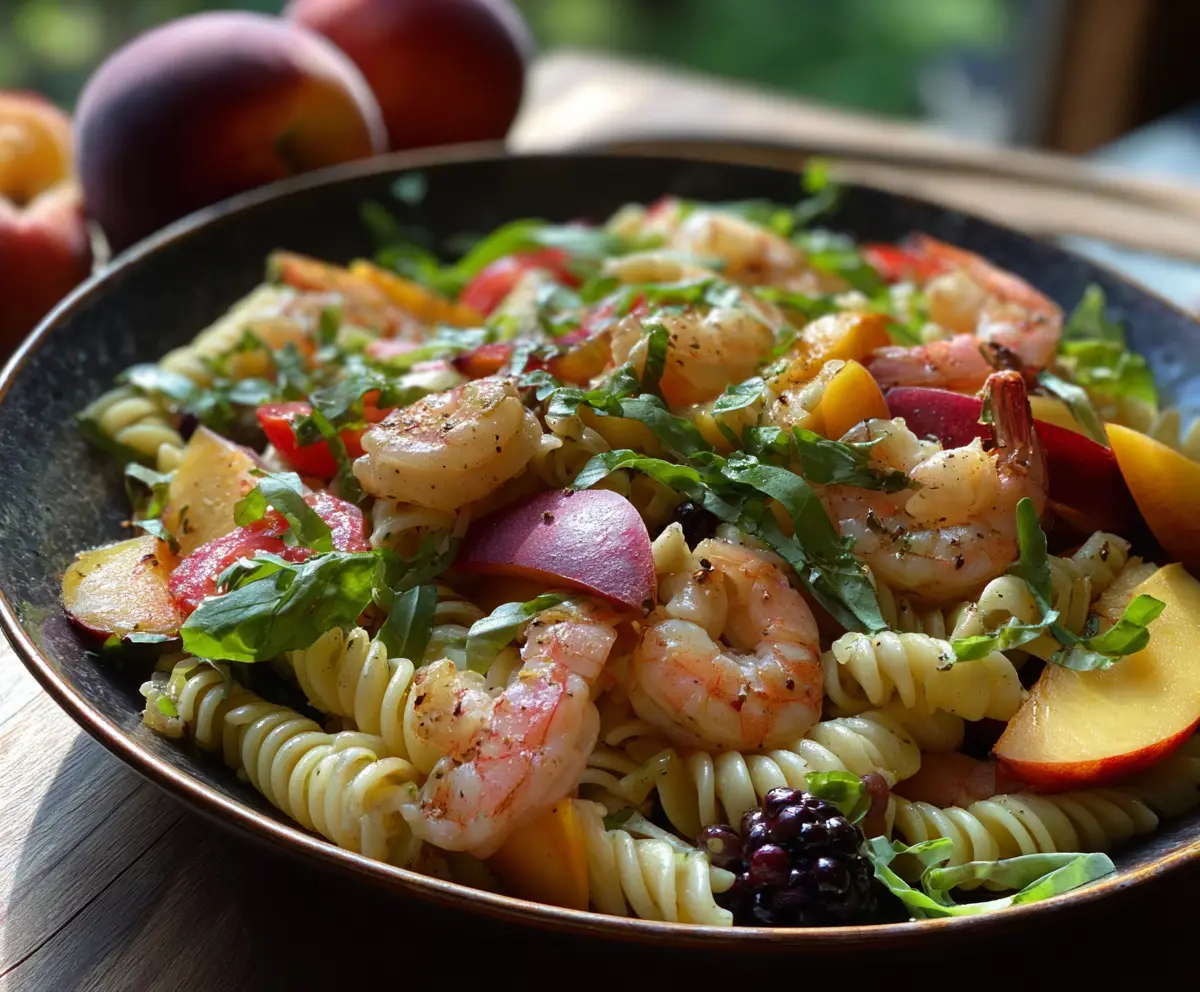 Fresh Peach & Shrimp Pasta Salad with vibrant ingredients and colorful presentation.
