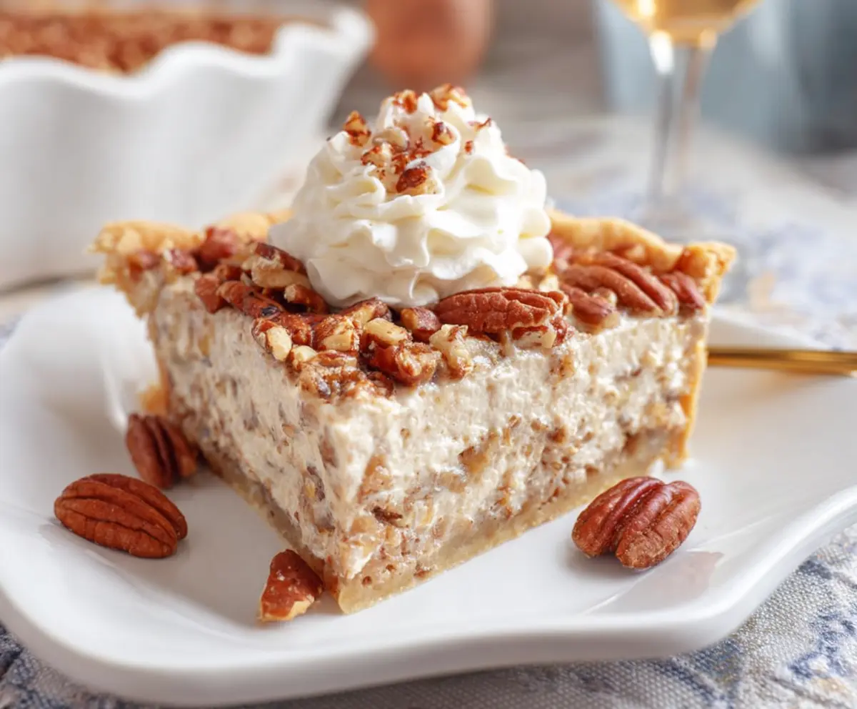 Delicious Pecan Cream Deep Dish Pie topped with whipped cream and pecans for dessert.