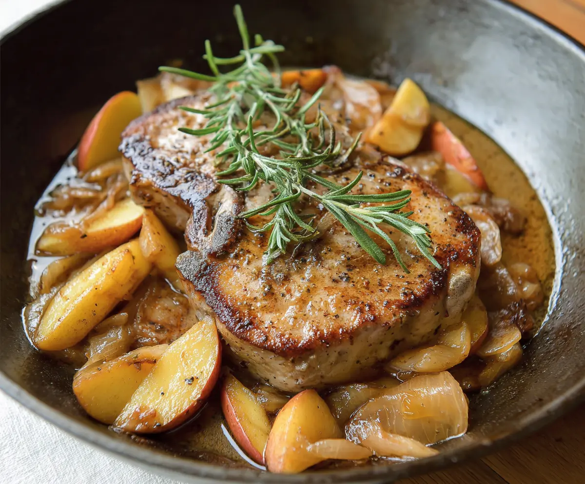 Delicious pork chops served with sautéed apples and caramelized onions on a dinner plate.
