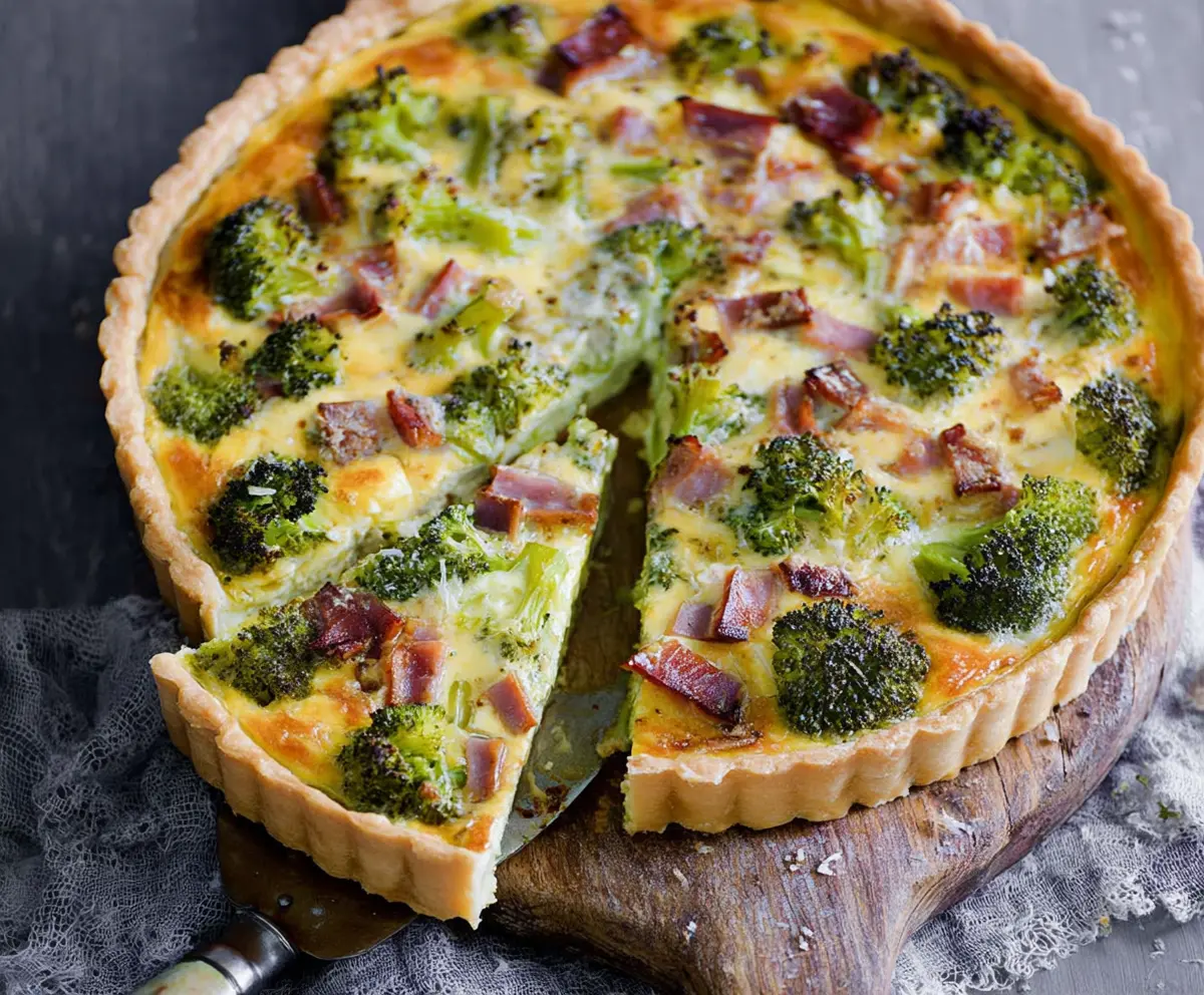 Delicious savory ham and broccoli tart on a rustic baking dish ready to serve.