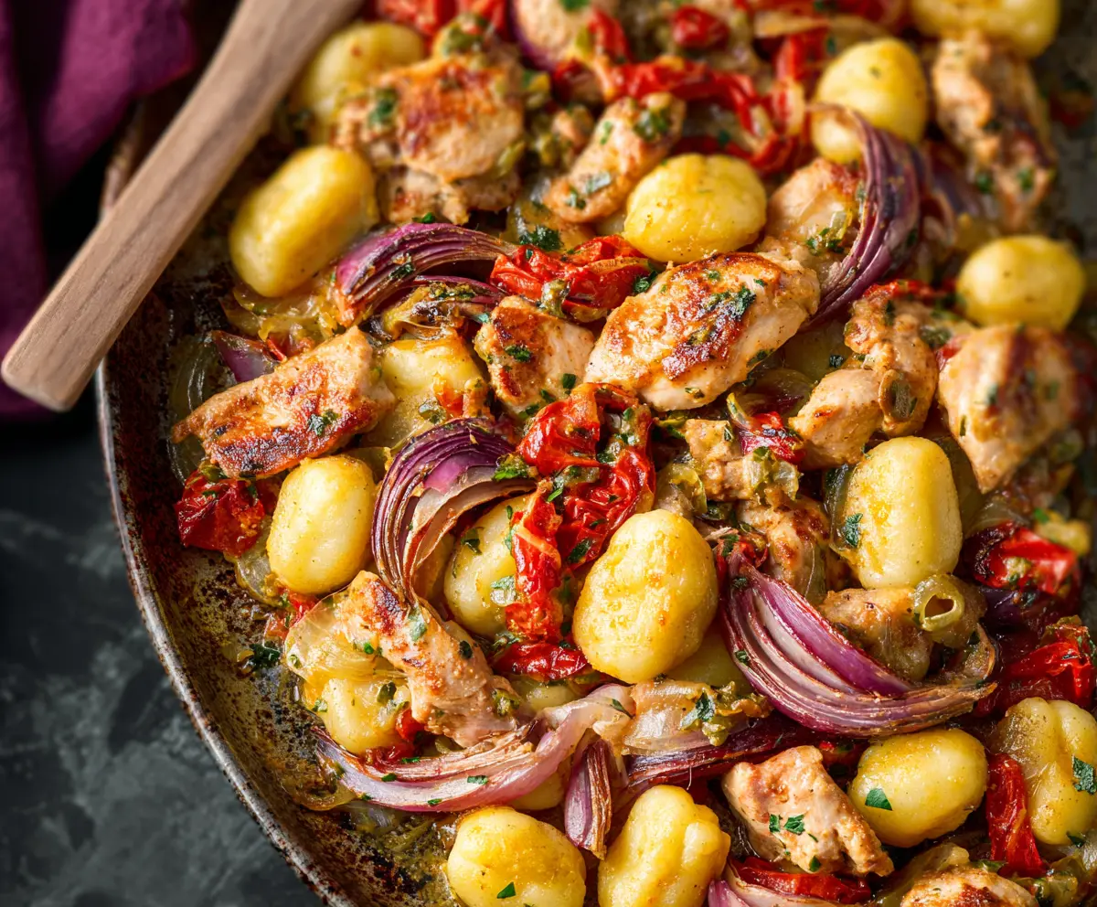 Delicious sheet pan chicken scarpariello with a cozy gnocchi makeover, showcasing an easy and flavorful Italian-inspired dish.