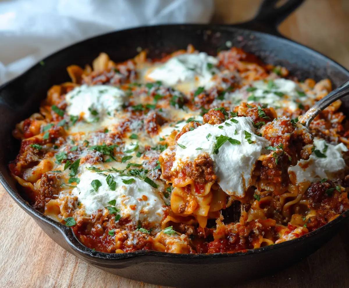 Delicious homemade skillet lasagna with melted cheese and rich tomato sauce in a cast iron skillet.