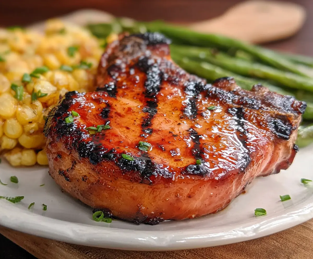 Juicy Southern Sweet Grilled Pork Chops sizzling on the grill with honey glaze and seasonings.