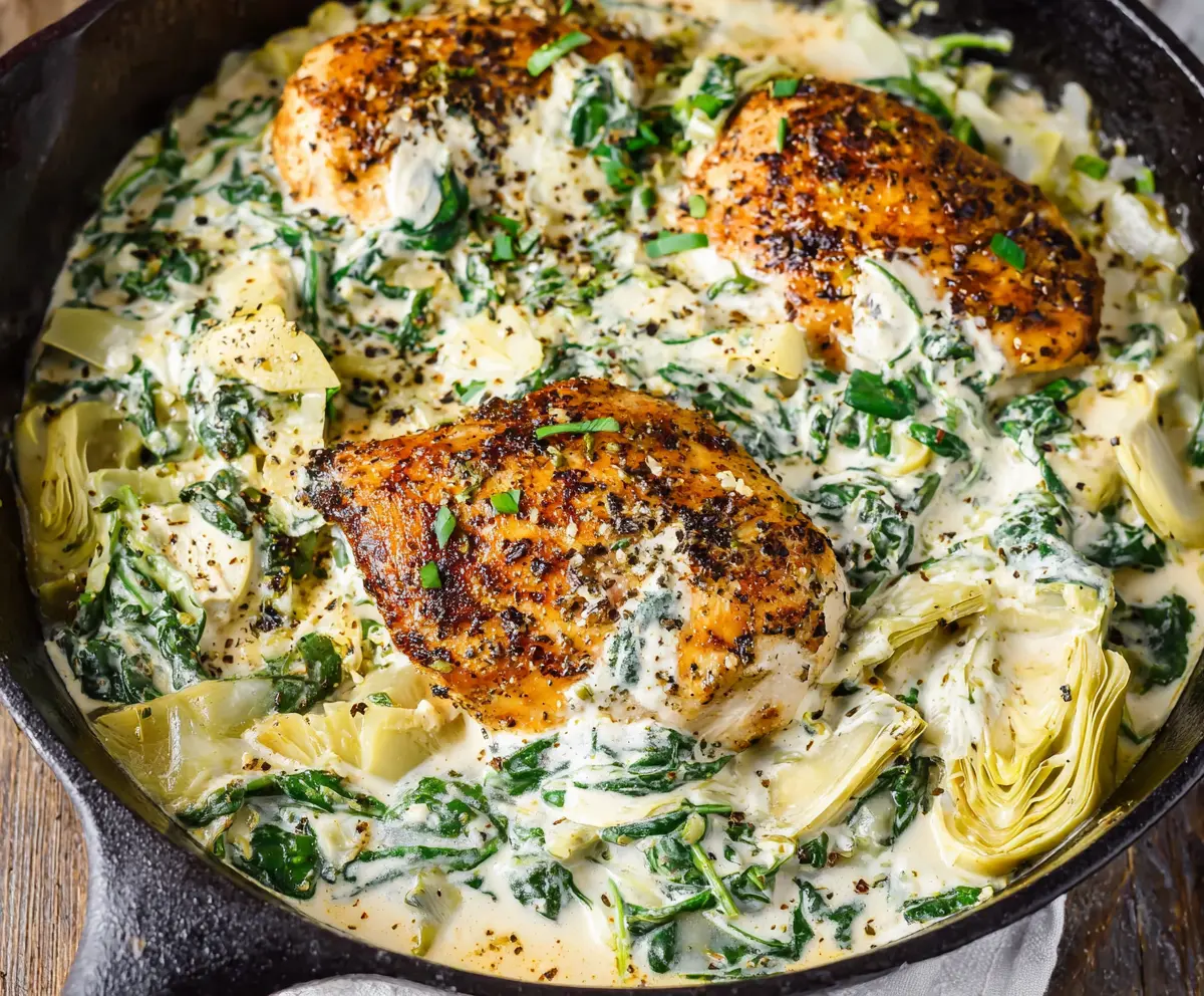Delicious Spinach Artichoke Chicken skillet served in a white dish garnished with fresh herbs, perfect for Paleo, Whole30, and Keto diets.