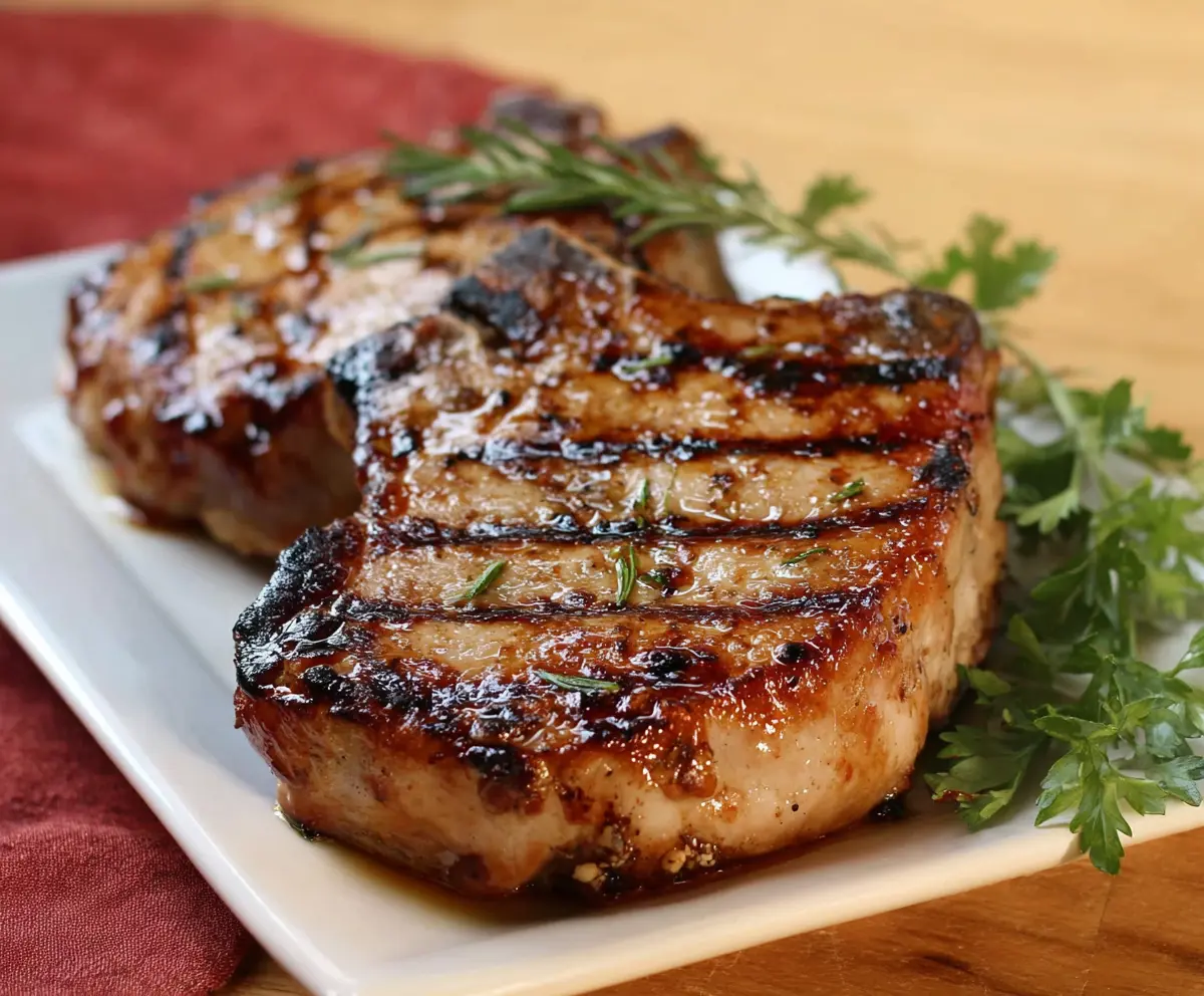 Juicy grilled hickory pork chops with a smoky flavor served on a platter.