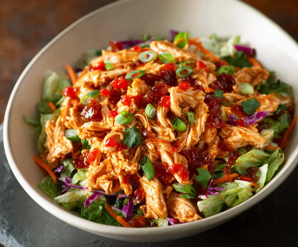 Fresh sweet chili chicken salad with colorful vegetables and a tangy dressing