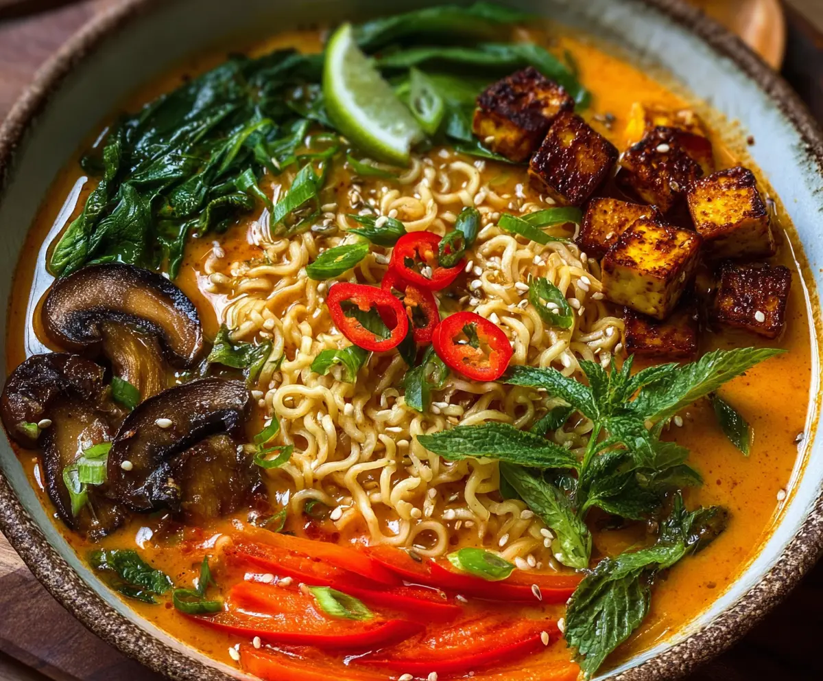 Delicious vegan Thai red curry ramen bowl with vibrant vegetables and rich broth