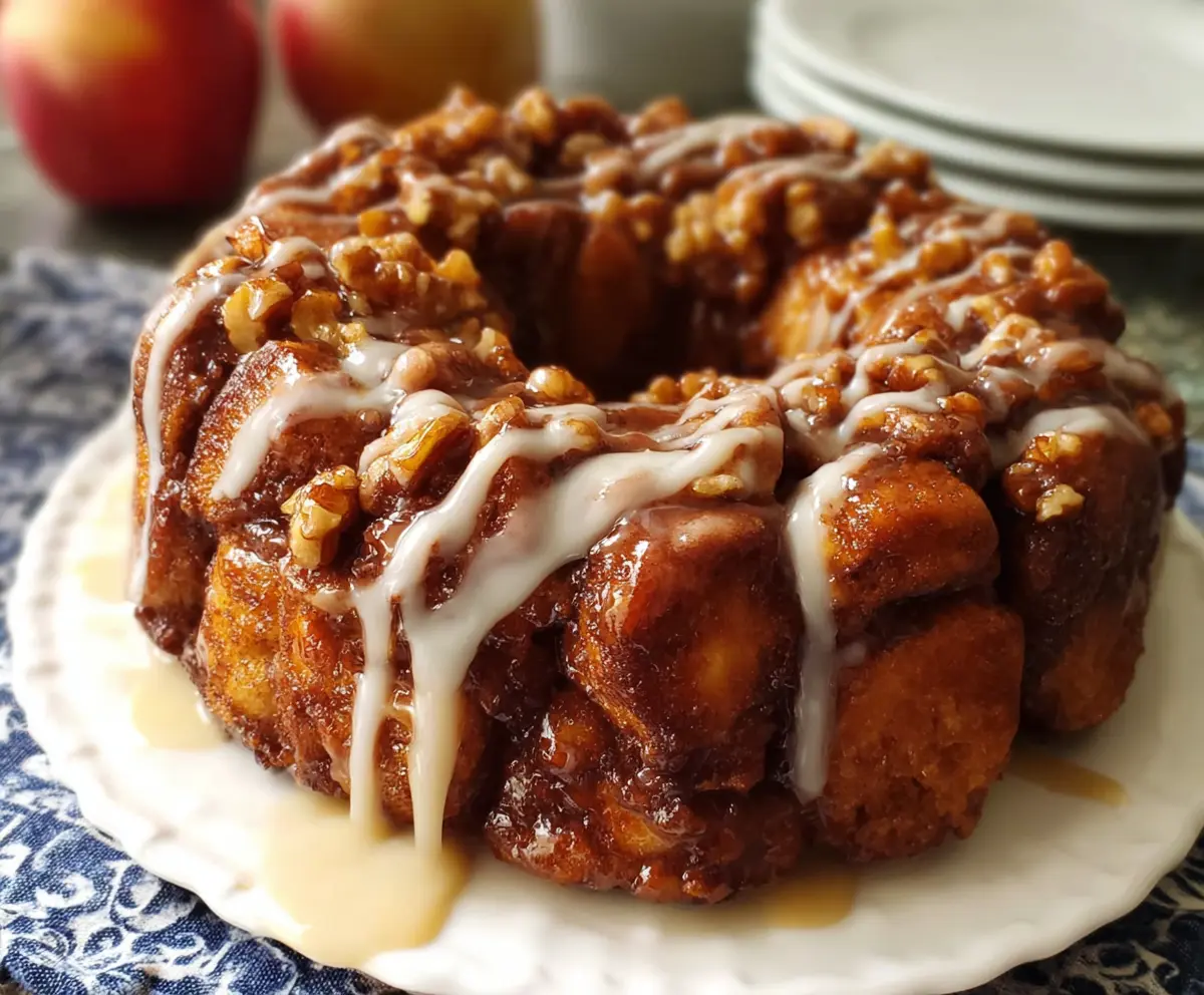 Delicious Apple-Walnut Cinnamon Roll Monkey Bread fresh out of the oven, showcasing golden-brown layers with sliced apples and crushed walnuts.