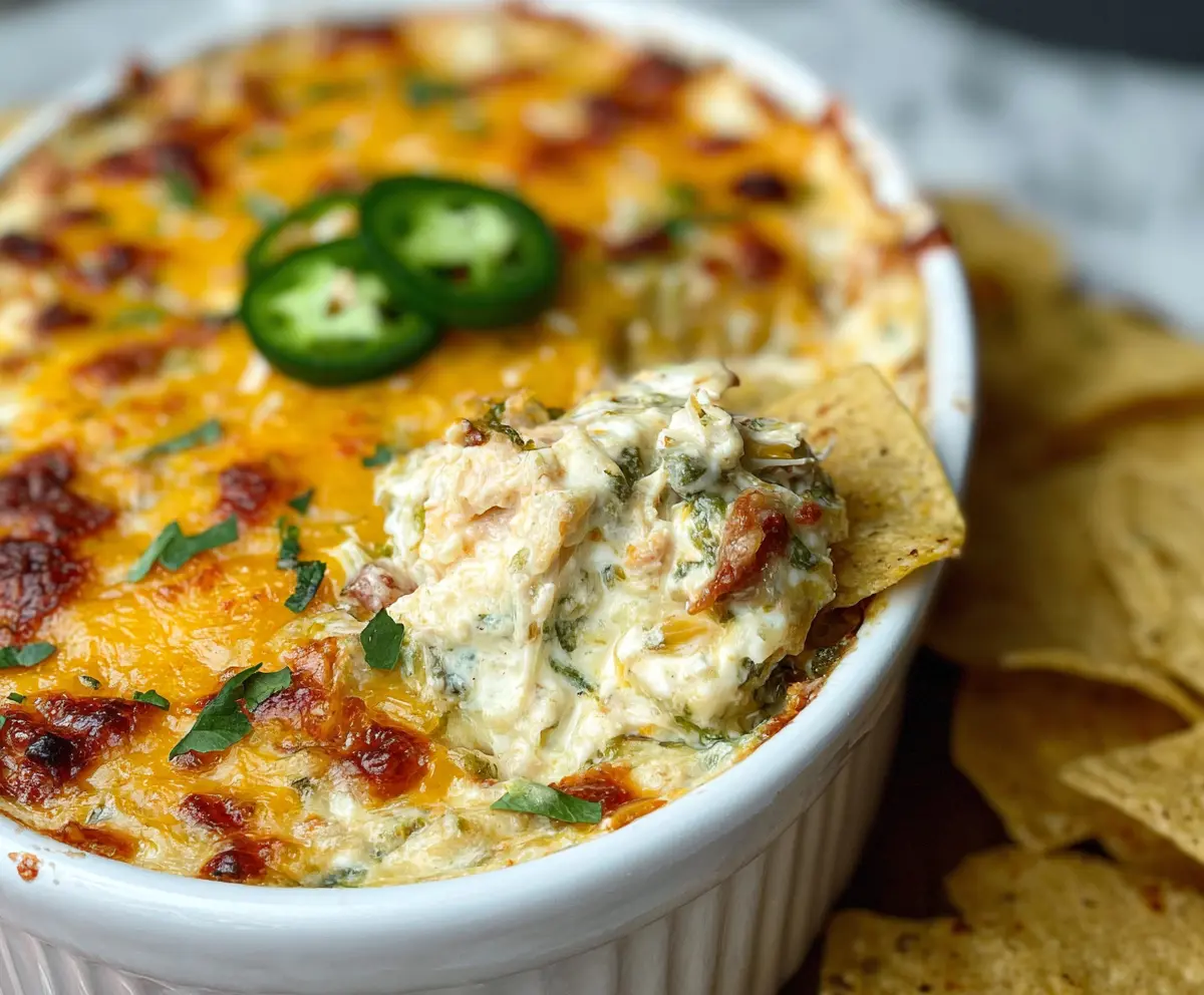 Delicious baked Chuy's jalapeno chicken dip served in a white bowl with crispy tortilla chips on the side.