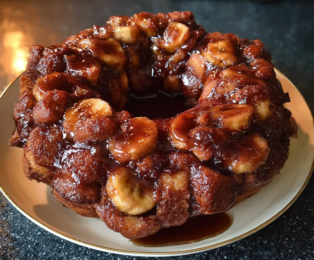 Delicious Bananas Foster Monkey Bread topped with caramelized bananas and cinnamon for a sweet breakfast treat.