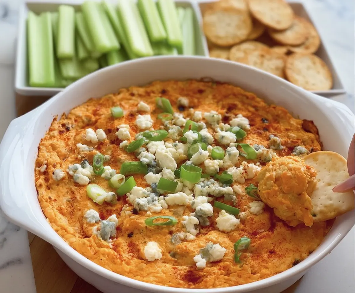 Creamy Buffalo Cauliflower Dip served with fresh vegetables for a spicy appetizer.