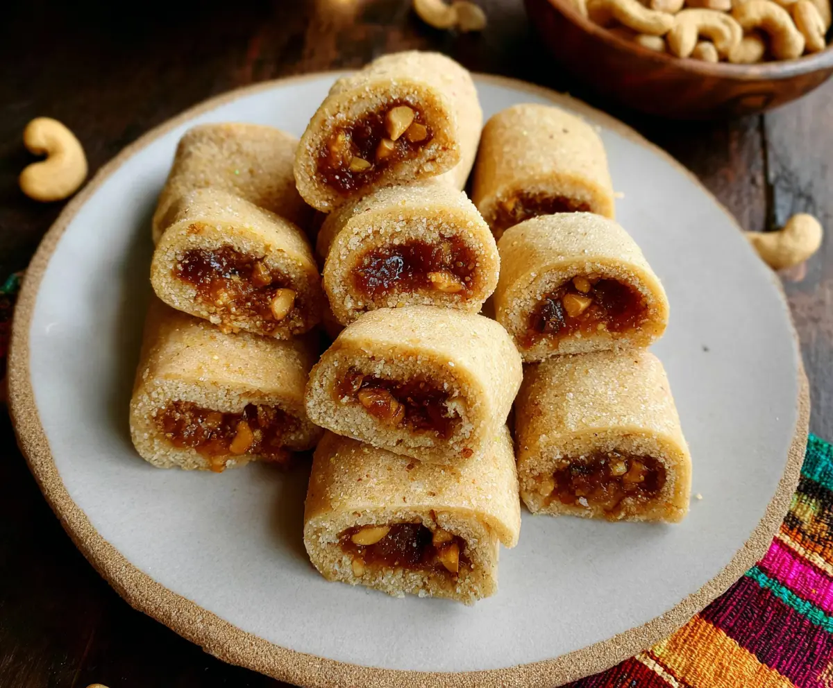 Delicious homemade cashew fig rolls on a rustic wooden plate, perfect for healthy snacking.