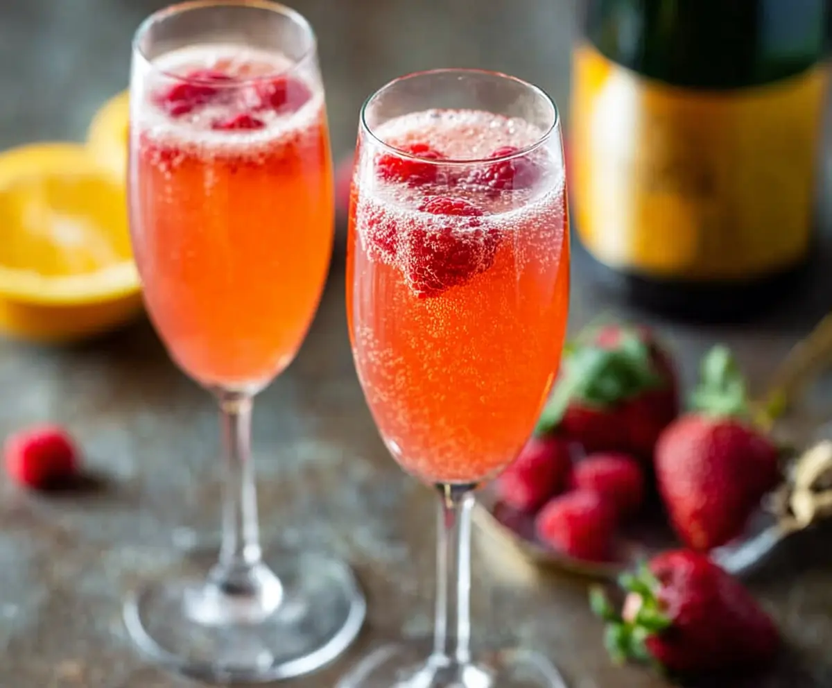 Refreshing Champagne Punch Bellini served in a elegant glass with fresh fruit garnish