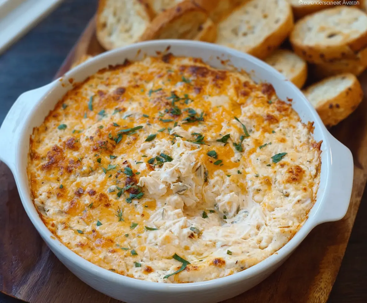 Delicious cheesy hot crab dip served in a bowl, perfect for appetizers and parties.