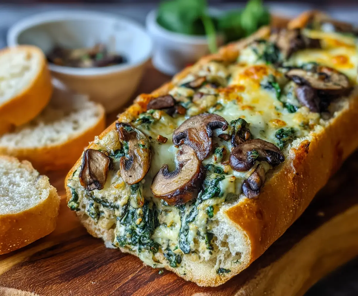 Cheesy Spinach Artichoke & Mushroom Stuffed Baguette