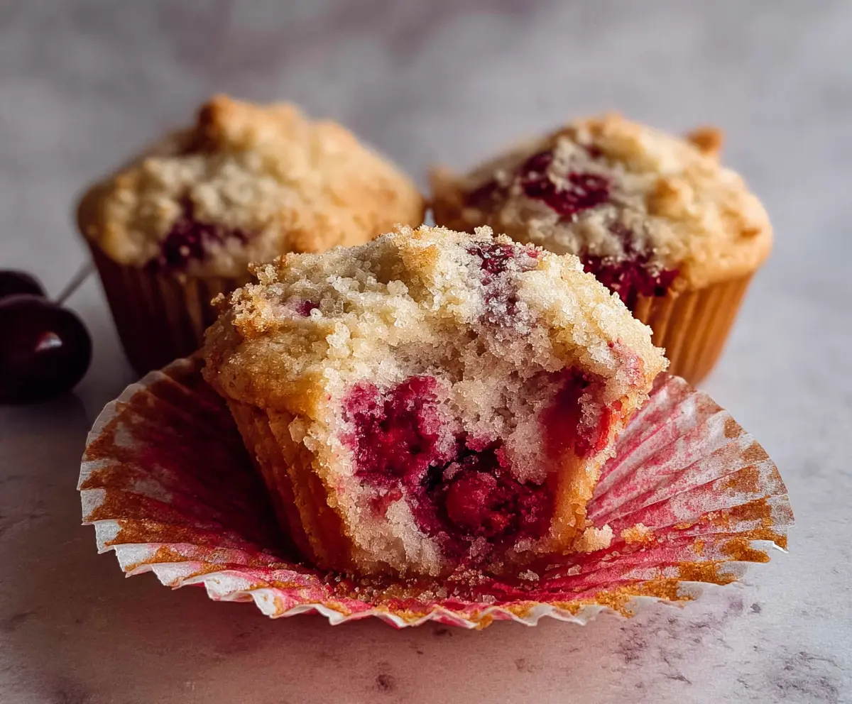 Fresh cherry muffins in a baking tray, ready to enjoy, with vibrant red cherries and fluffy texture.