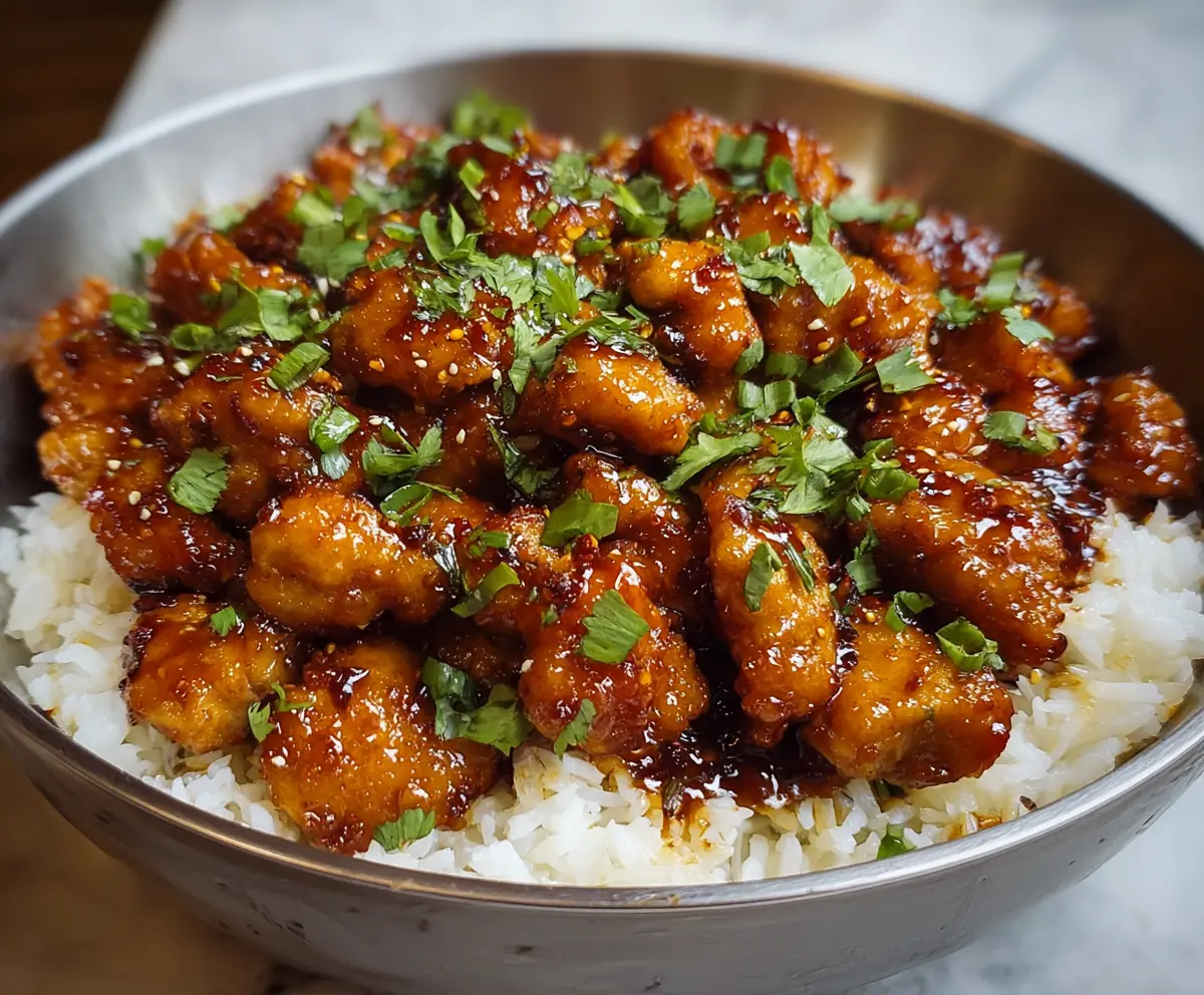 Delicious Chinese Honey Garlic Chicken served with steamed vegetables on a plate.