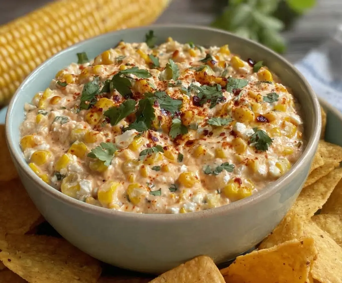 Creamy chipotle corn dip served in a bowl with fresh herbs, perfect for appetizers.
