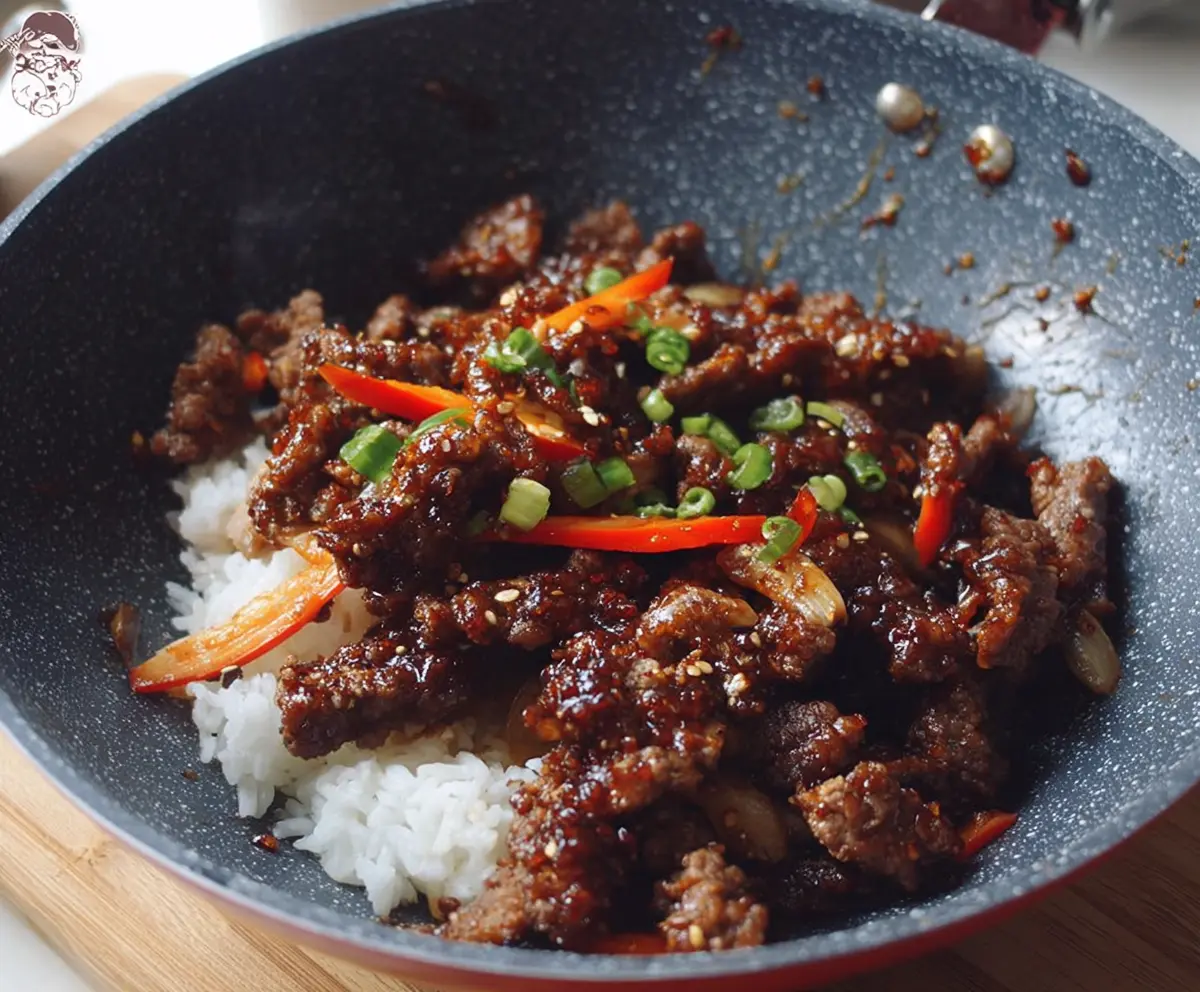 Delicious crispy chilli beef served with sweet chilli sauce on a white plate, garnished with green onions.