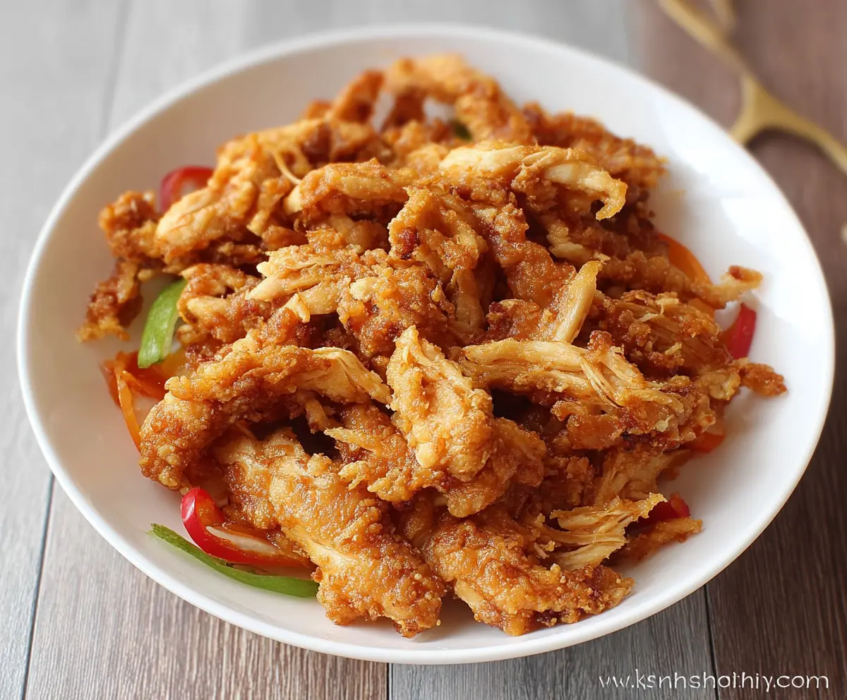 Crispy shredded chicken dish with golden, crunchy texture served on a white plate.