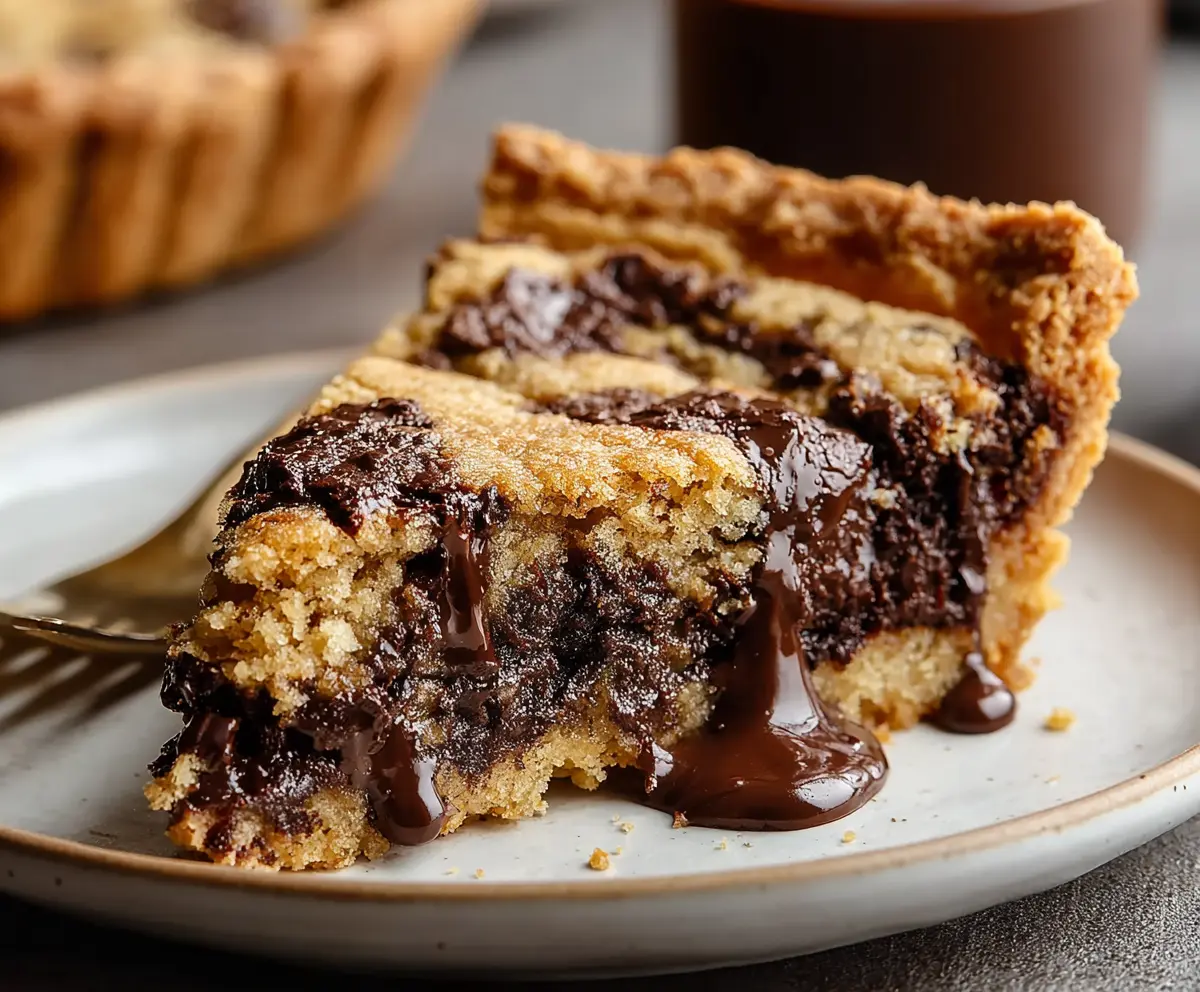 Delicious easy chocolate chip cookie pie with golden crust and melting chocolate chips