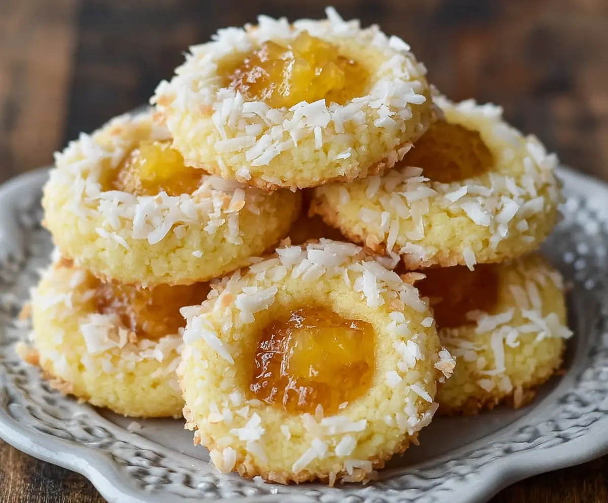Delicious Hawaiian pineapple coconut thumbprint cookies with a golden crust and tropical toppings.