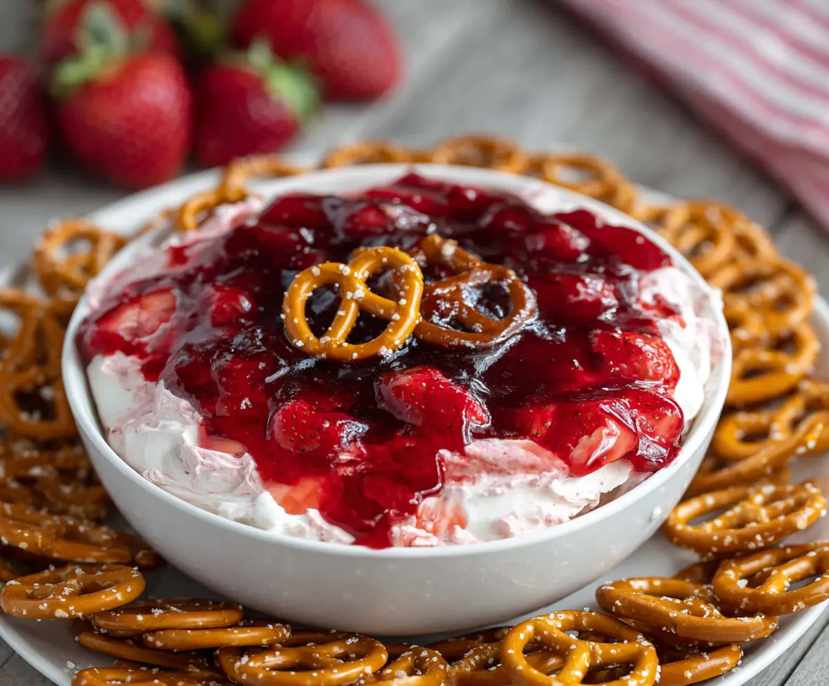 Creamy strawberry pretzel salad dip served in a glass dish with fresh strawberries and pretzels.
