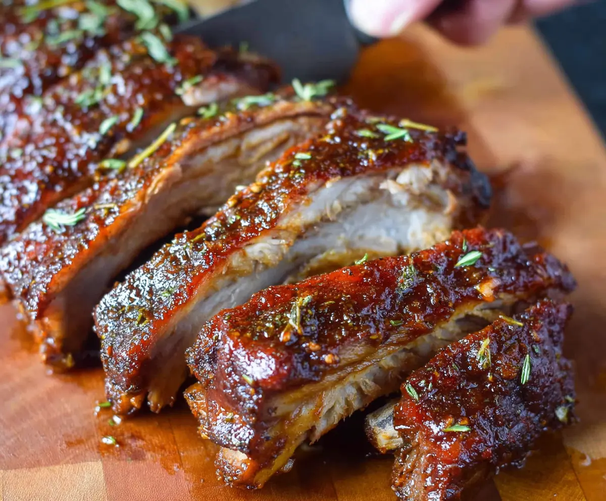 Juicy fall-off-the-bone ribs glazed with barbecue sauce served on a plate.