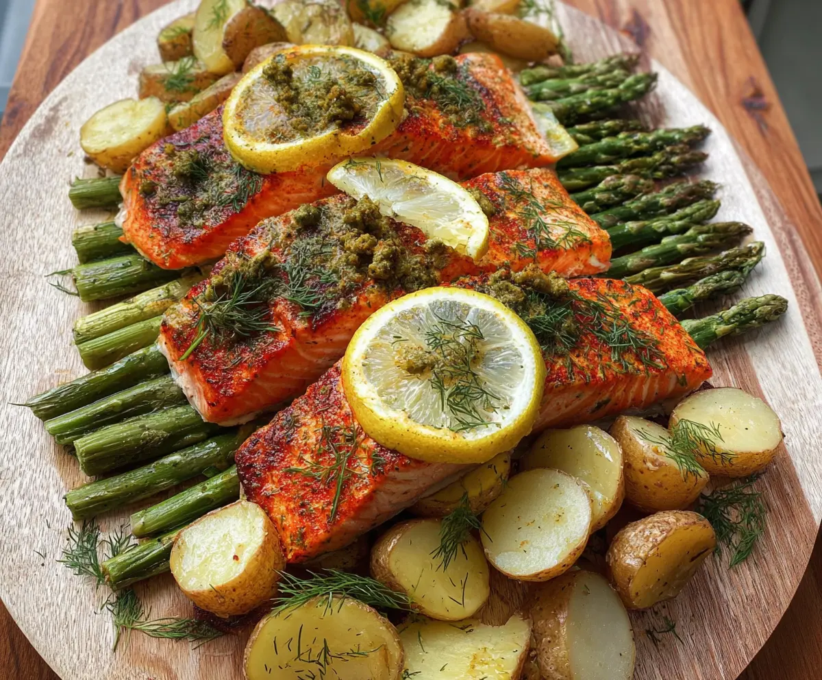 Grilled Lemon Dill Cedar Plank Salmon with Potatoes and Asparagus