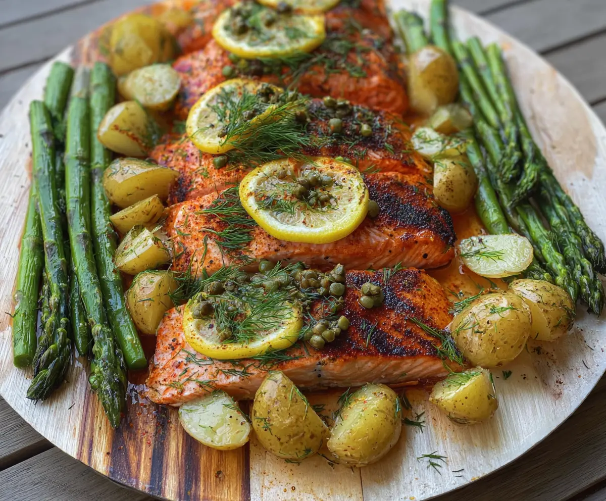 Delicious grilled lemon dill cedar plank salmon served with roasted potatoes and fresh asparagus.