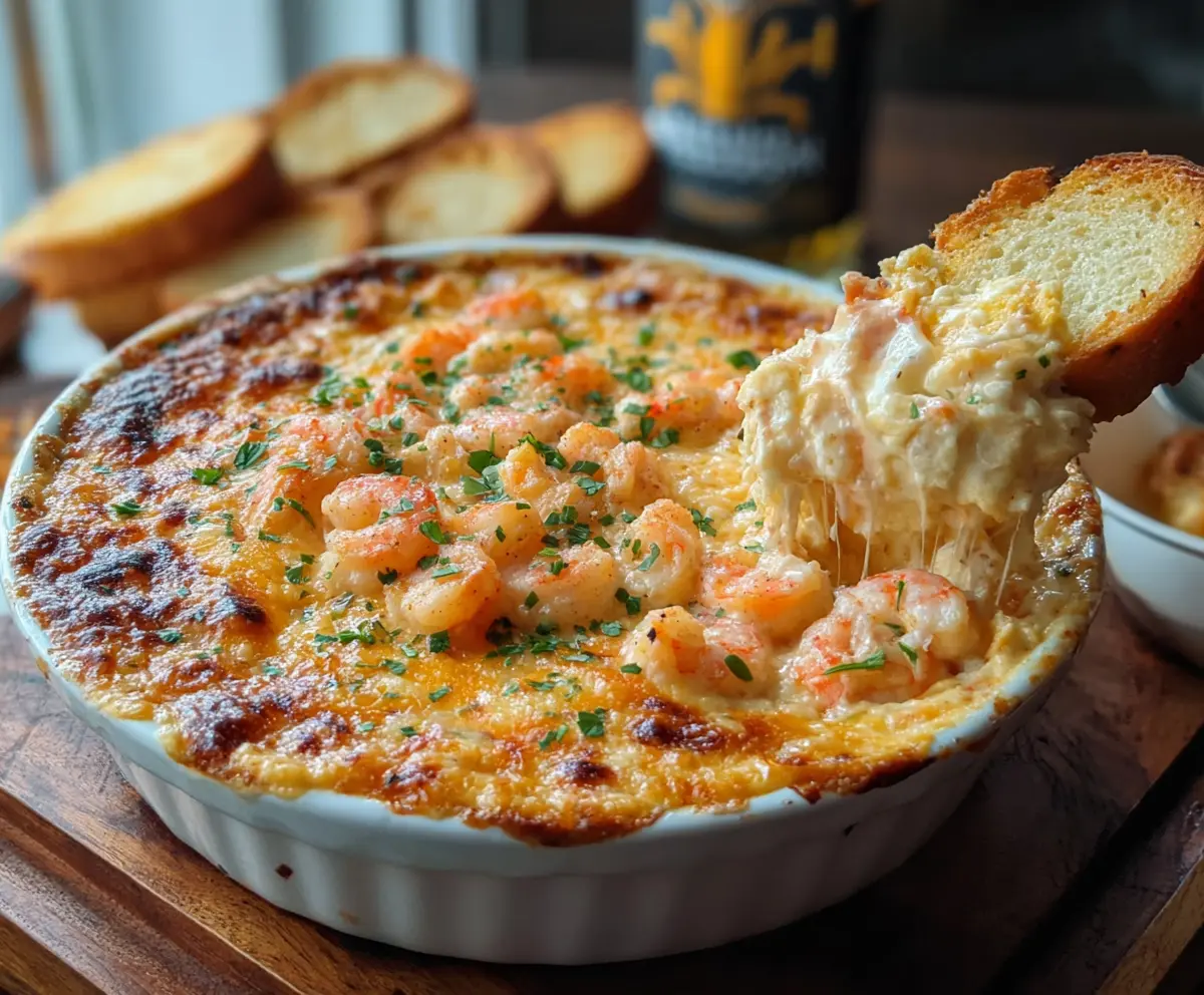 Creamy cheesy shrimp and crab bake dip topped with melted cheese and fresh herbs, perfect for appetizer servings.
