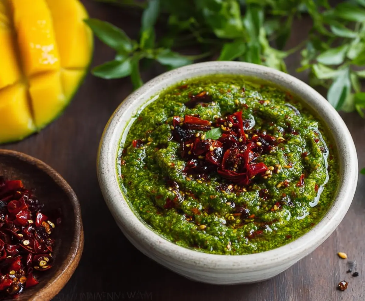 Delicious homemade Moringa Mango Chutney served in a glass jar with fresh mango slices and moringa leaves.