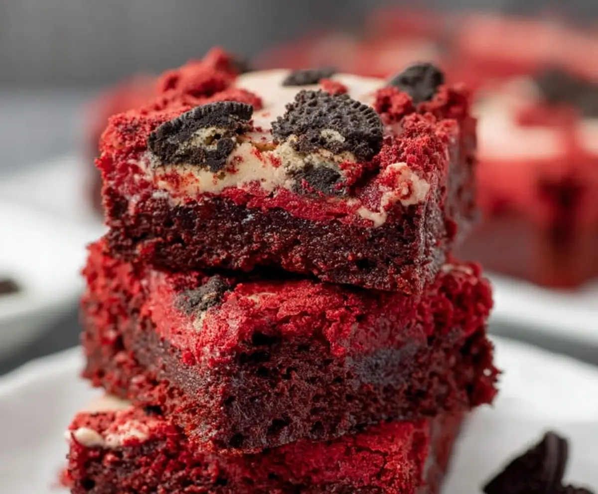 Delicious Oreo Red Velvet Brownies with a rich, moist texture topped with crushed Oreos.