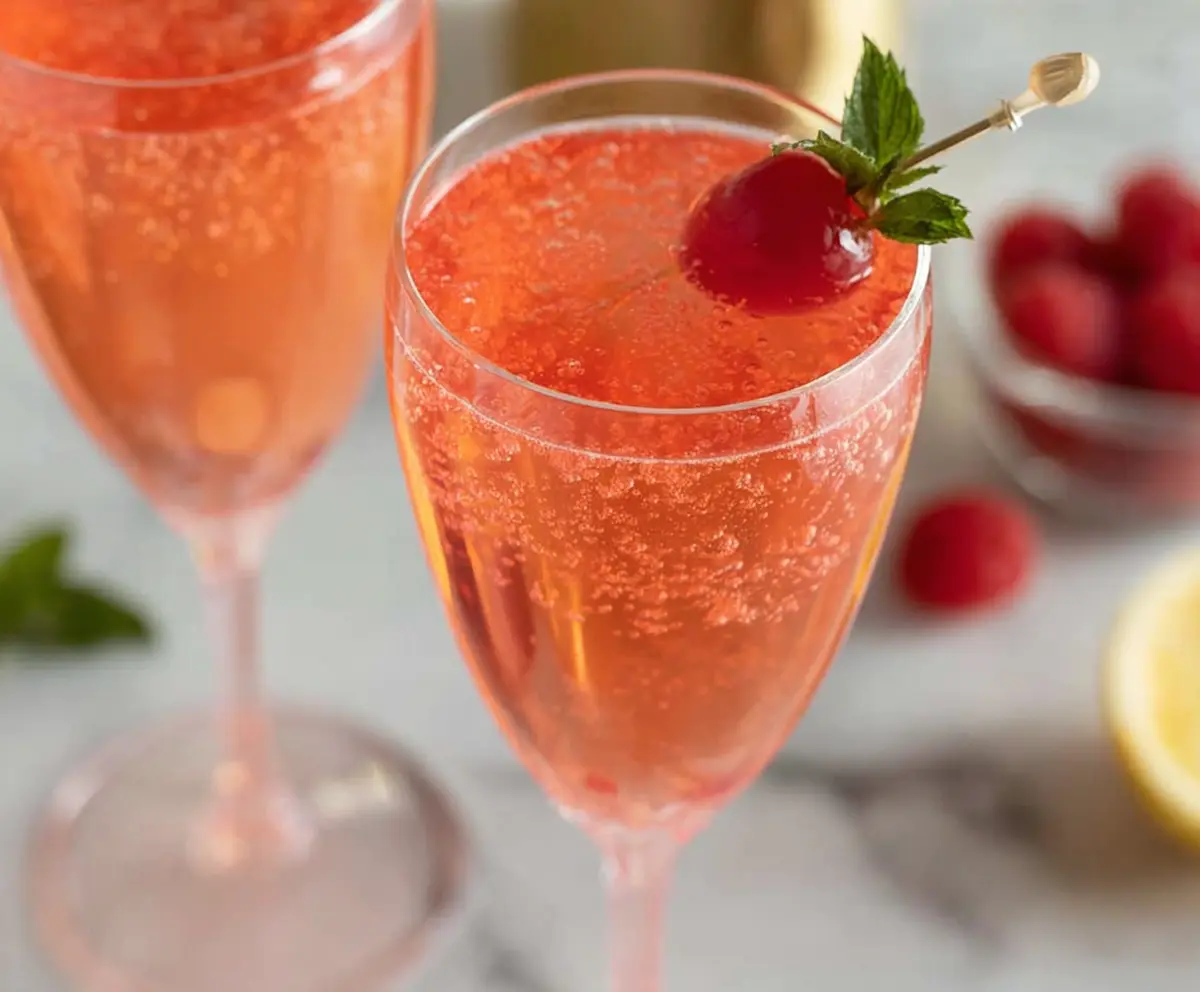 Elegant Pink Champagne Cocktail with a delicate pink hue in a flute glass, garnished with a cherry.