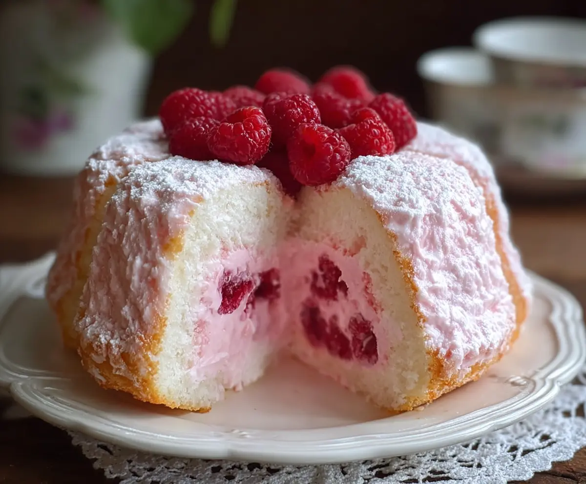 Delicious Raspberry Angel Food Cake topped with fresh raspberries and a light, fluffy texture.
