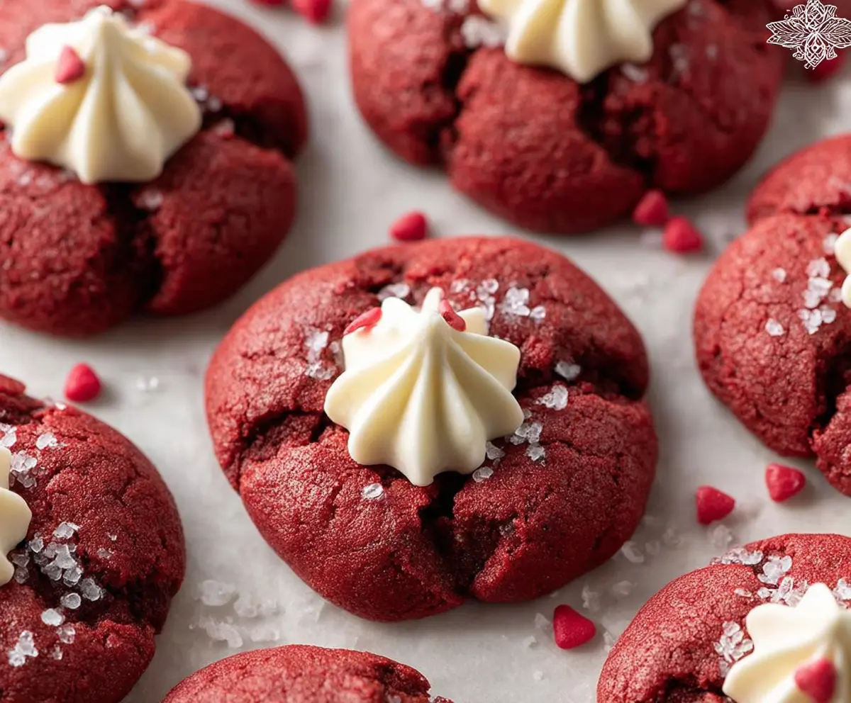 Delicious Red Velvet Blossom Cookies with icing and chocolate kisses on a plate
