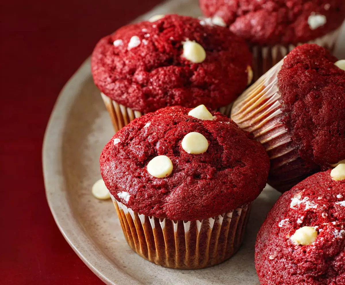 Delicious soft and fluffy red velvet muffins fresh out of the oven with a vibrant red color.