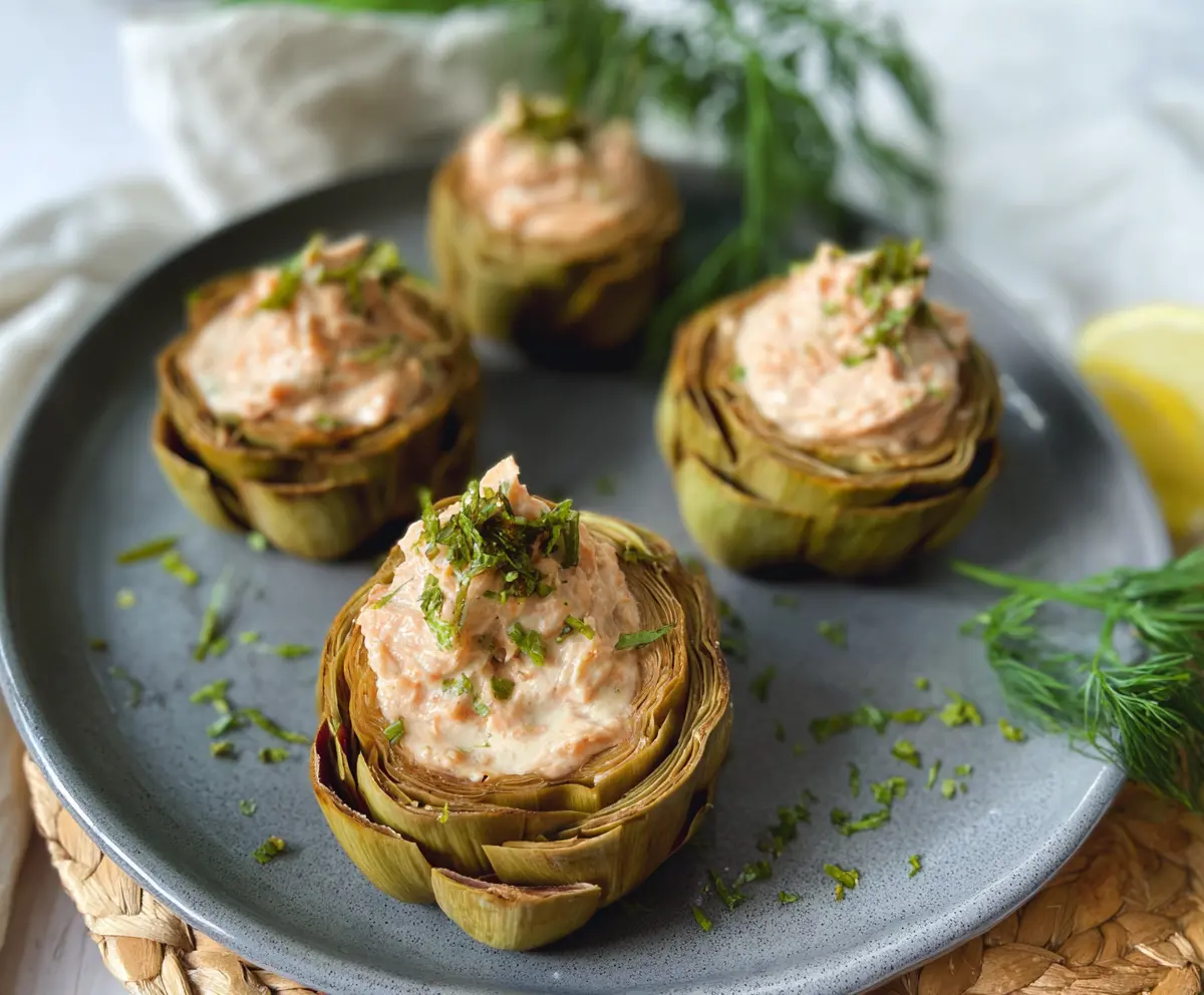 Delicious Salmon Patê Stuffed Artichokes appetizer on a platter, garnished with herbs.