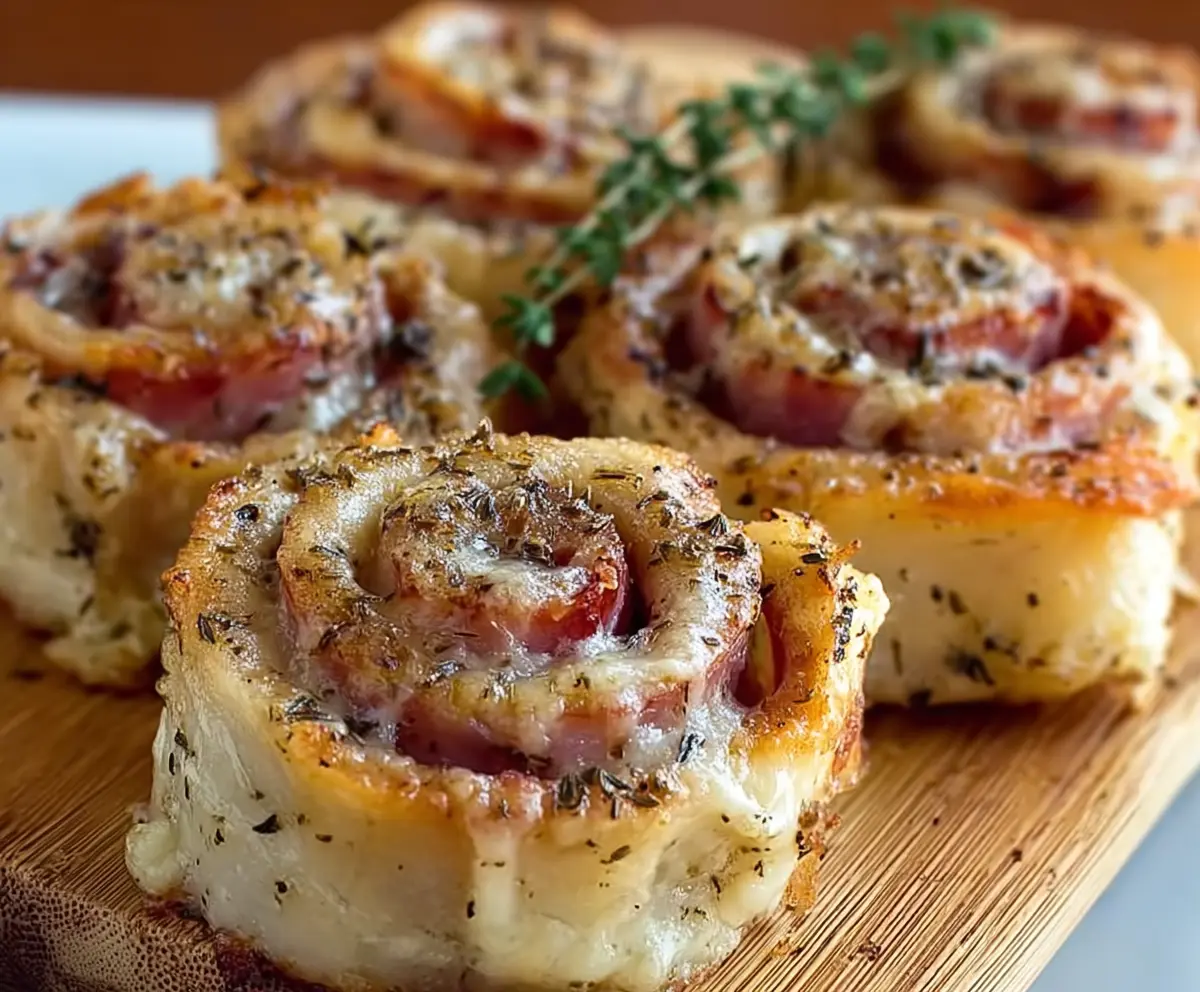 Delicious savory ham and cheese pinwheels served on a plate, perfect for appetizers or snacks.